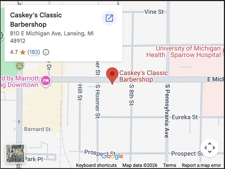 Map showing Caskey's Classic Barbershop at 810 E. Michigan Ave., Lansing — tap to open in Google Maps